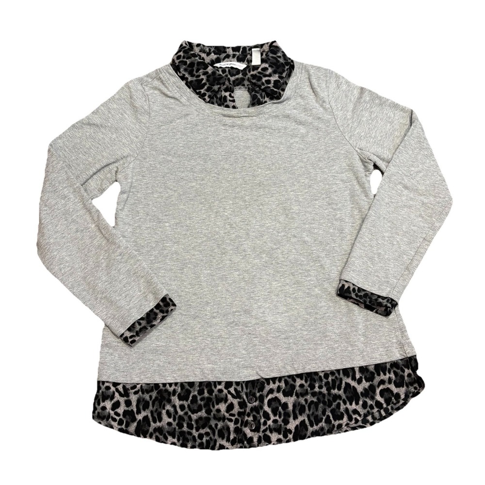 Isaac Mizrahi Live Gray‎ Leopard Layered Top Womens XS Long Sleeve